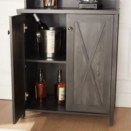 Farmhouse Wine Cabinet with Glass Rack, Charcoal Grey Dining & Kitchen Sideboard Buffet Bar Cabinet