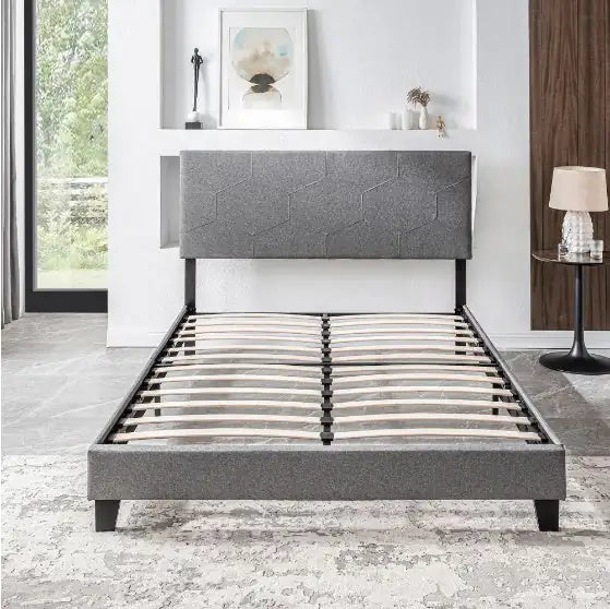 Large Queen-Size Upholstered Platform Bed Frame in Grey, Easy Assembly with Wooden Slats, No Spring Mattress Needed