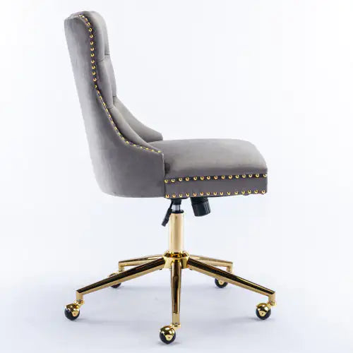 A&A Furniture Velvet Tufted Office Chair with Gold Metal Base, Adjustable Swivel Desk Chair (Grey)