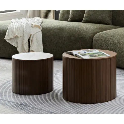 SHS-2-Piece Round Nesting Coffee Table Set – Modern MDF Walnut Finish Tables for Living Room or Lounge