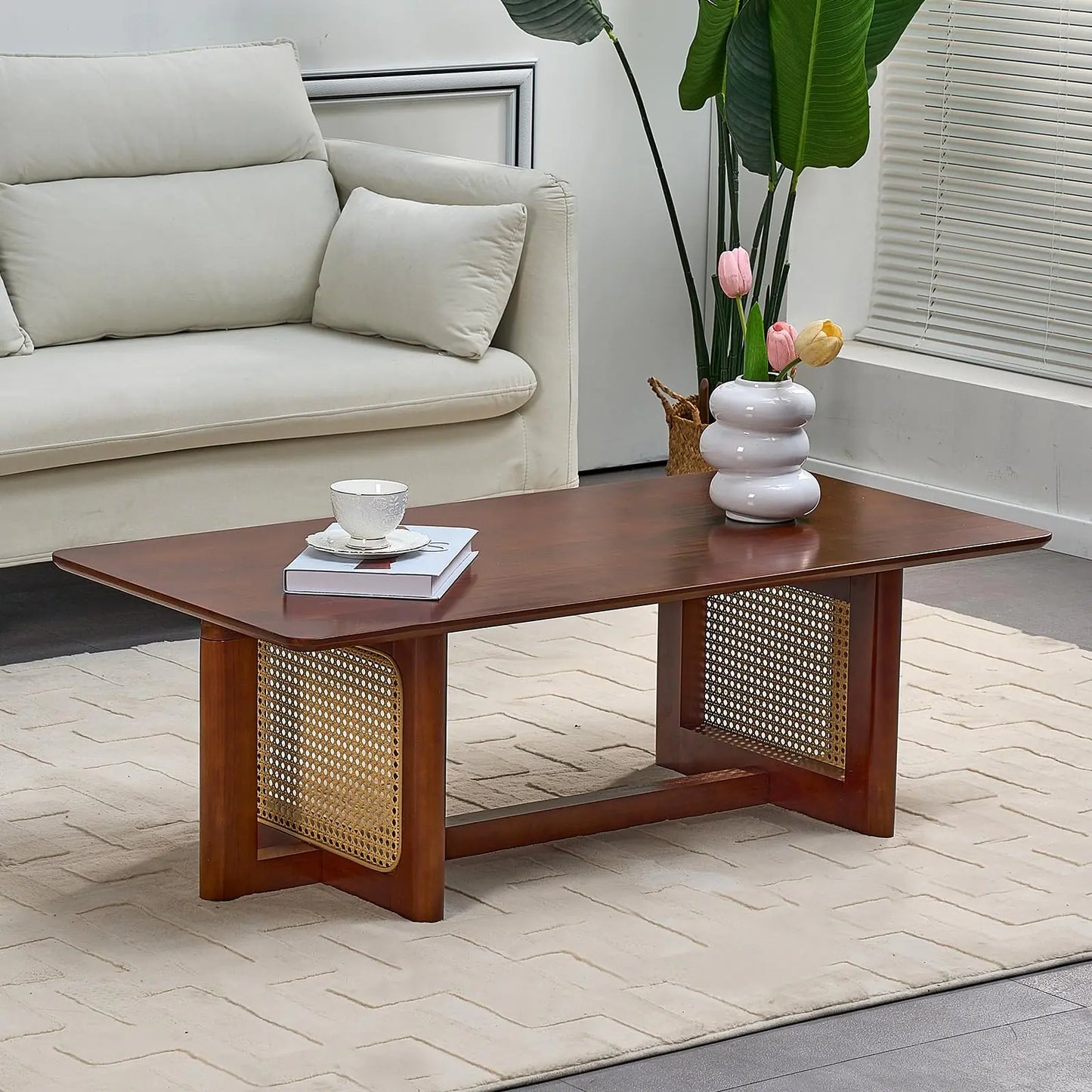 SHS- VVSHRIV Rattan Coffee Table 42.5 Inch Rectangular Solid Wood Coffee Table with PE Rattan Stand Center Coffee Table for Living Room