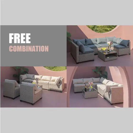 7-Piece Patio Furniture Set, Modular Outdoor Sofa with Waterproof Cushions & Storage Table (Beige)