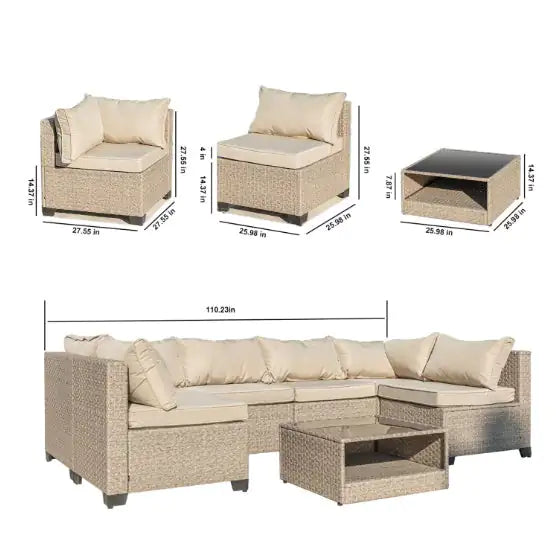 7-Piece Patio Furniture Set, Modular Outdoor Sofa with Waterproof Cushions & Storage Table (Beige)