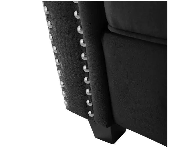 85.4" Flare Arm Sofa, Black Polyester Upholstered, Tufted Back Cushions, Removable Cushions with Silver Studs and 2 Pillows