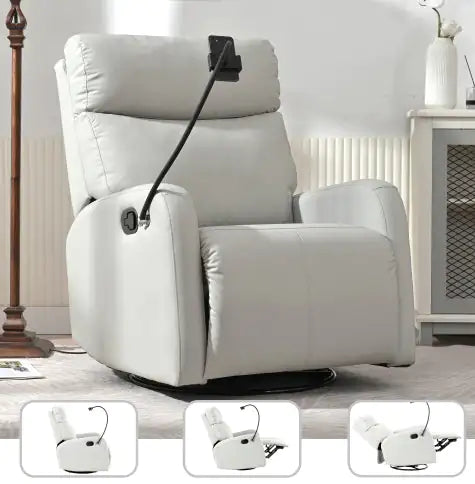 Modern Swivel Rocking Recliner Chair – 360° Glider with Footrest, PU Upholstery, Light Grey