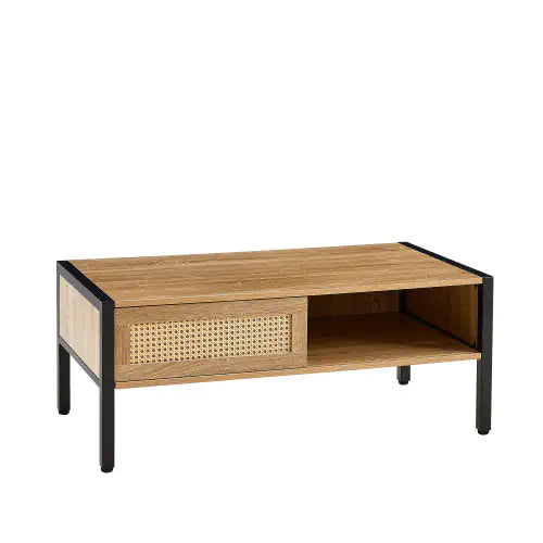 SHS-40" Natural Rattan Coffee Table with Sliding Door Storage & Metal Legs – Modern Boho Style for Living Room