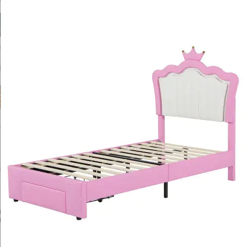 Twin Size Upholstered Bed Frame with LED Lights & Crown Headboard, Pink/White with Drawer – Modern Princess Bed for Kids