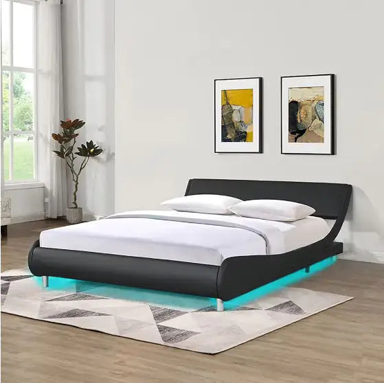 Faux Leather Upholstered Platform Bed Frame with LED Lighting, Curved Design, Wooden Slats Support, Remote & App Control, No Box Spring Needed