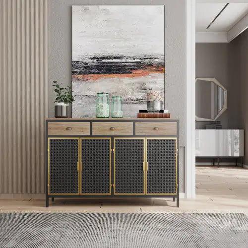SHS-48" Modern Dark Gray Sideboard Cabinet with 3 Drawers and 4 Doors – Metal & Wood Storage Console for Living Room, Bedroom, Hallway, Office
